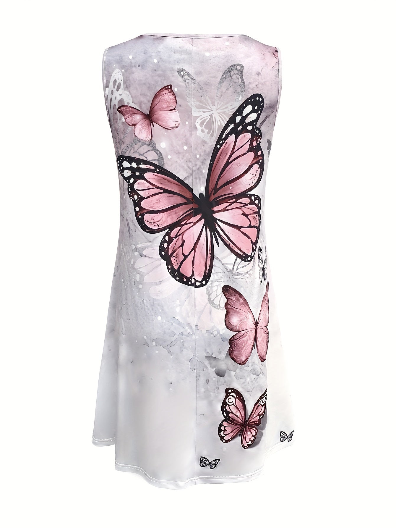 Vibrant Butterfly Print Sleeveless Casual Crew Neck Tank Dress - Soft Mid-Elasticity Polyester Fabric, Semi-Sheer, Customized Style for Women - Perfect for Spring and Summer Seasons