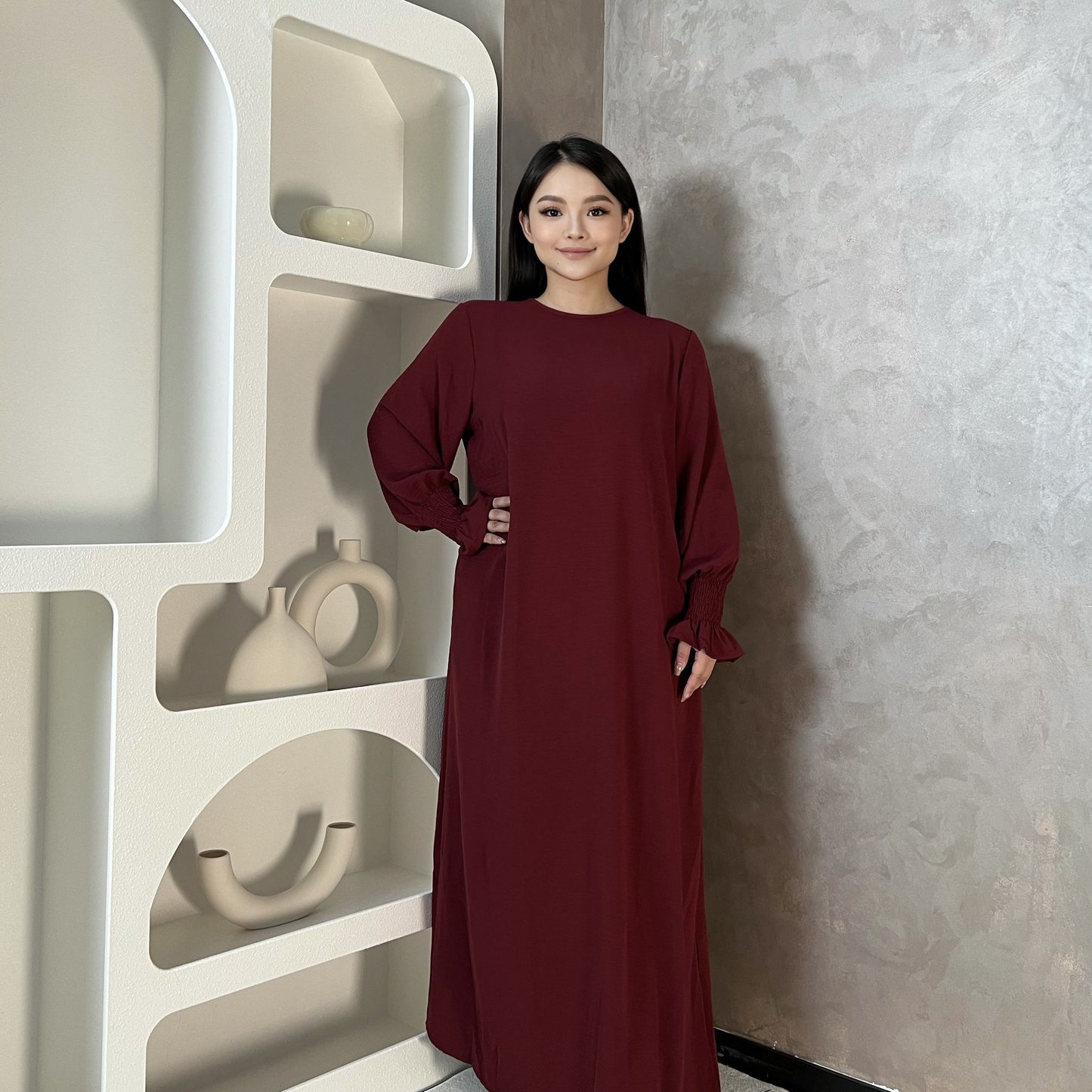 Luxurious Shirred Trim Lantern Sleeve Maxi Dress - Elegant Solid Color, Simple Loose Fit, Modest Chic, Women's Clothing for All Seasons