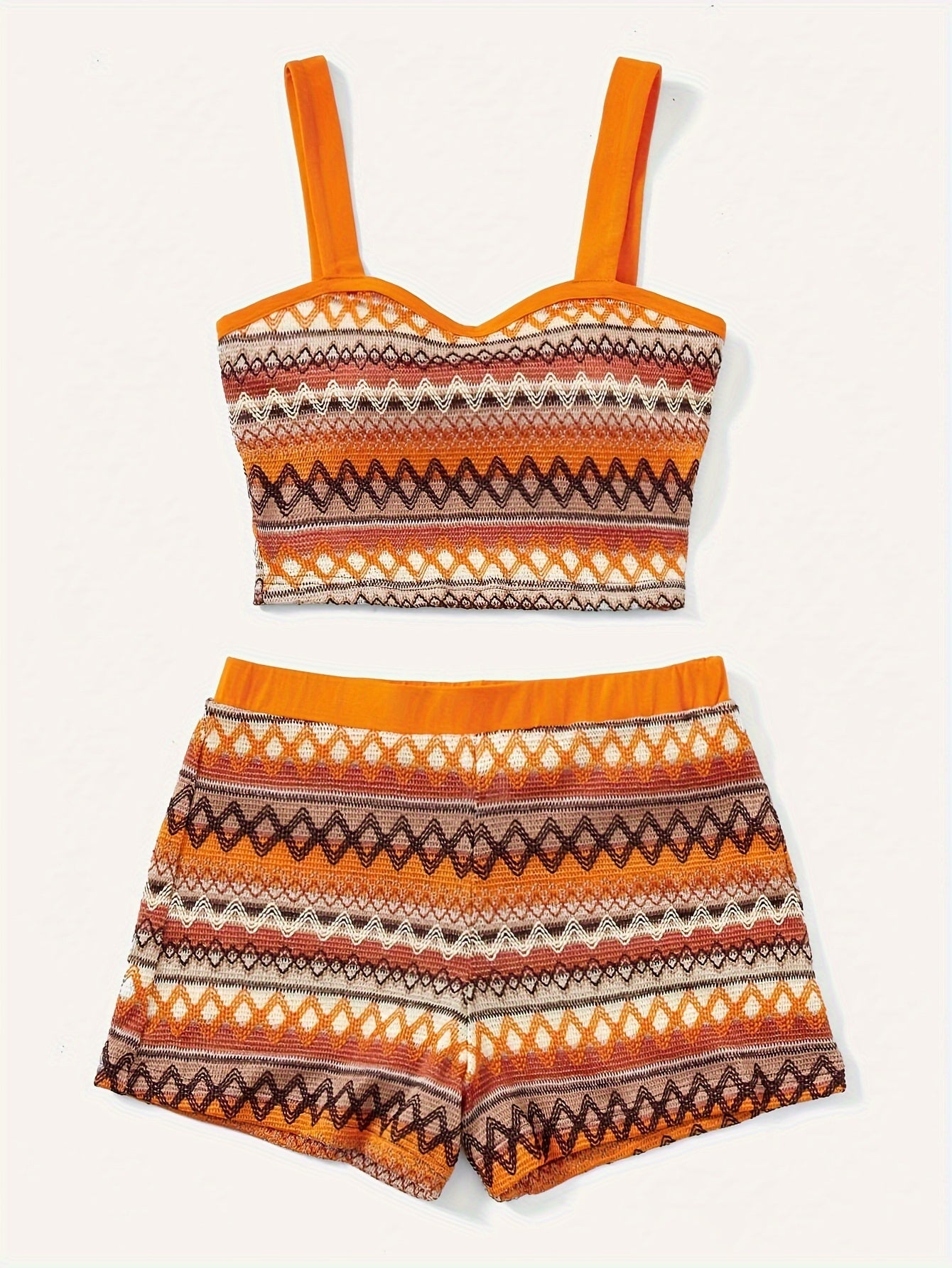 Two-Piece Tribal Print Outfit Set - Vibrant Pattern Crop Top with Adjustable Straps, Comfortable Elastic Waist Shorts - Perfect for Casual Womens Clothing, Daily Wear, Outdoor Activities