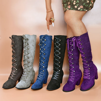 Women's Chunky Heeled Long Boots, Retro Solid Color Lace Up Knee High Boots, Casual Heeled Riding Boots