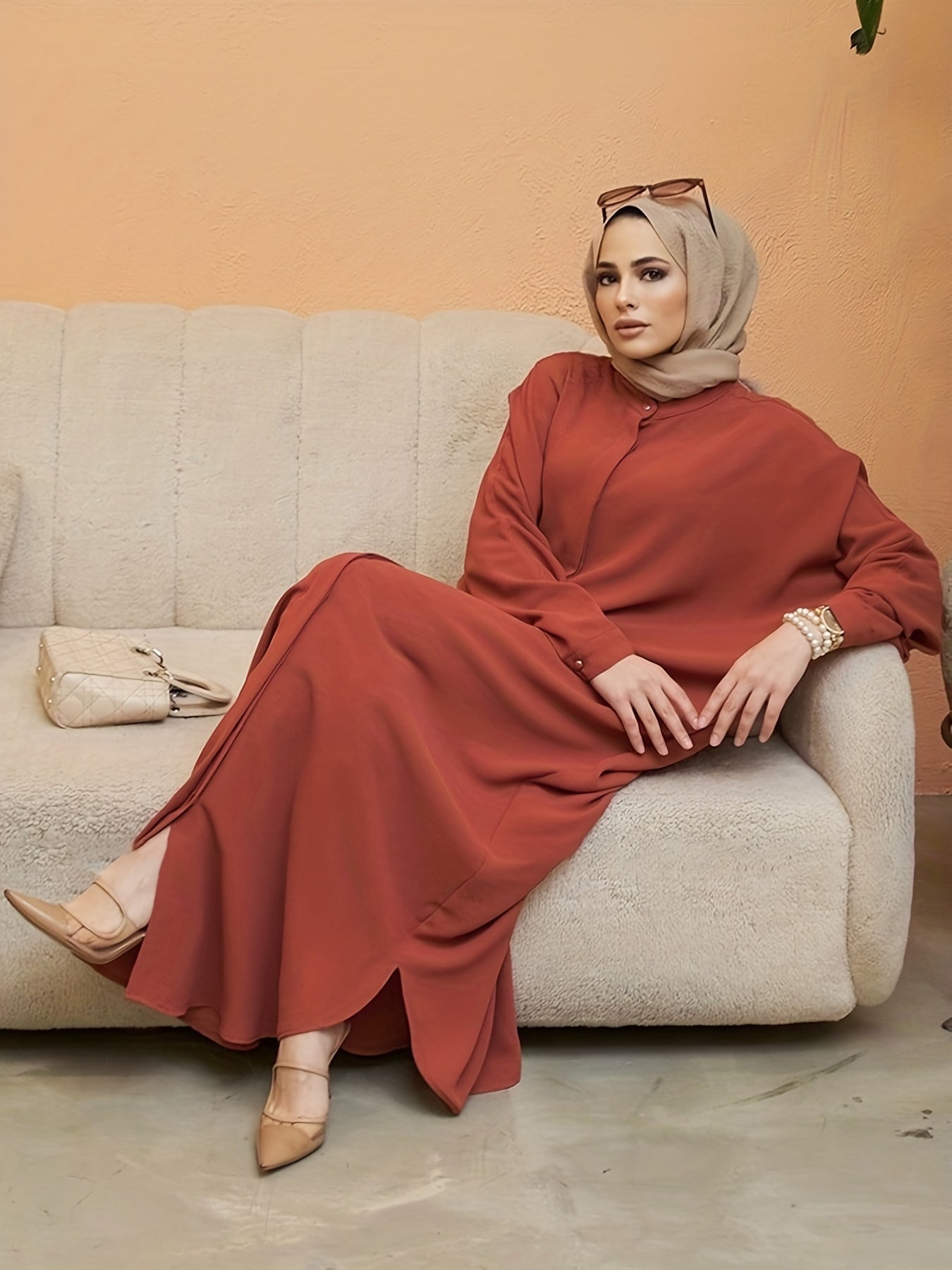 Ramadan Elegance - Solid Batwing Kaftan Dress with Flowy Split Maxi Length - Premium Womens Clothing for a Timeless Look