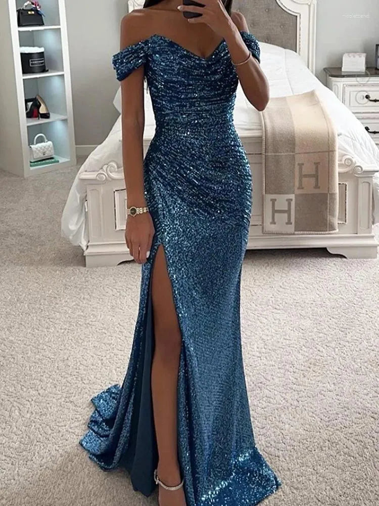 Casual Dresses Evening Women Party Sequin Long Dress Ladies Prom Fashion Off Shoulder Female Elegant Sexy Slash Neck Vestidos