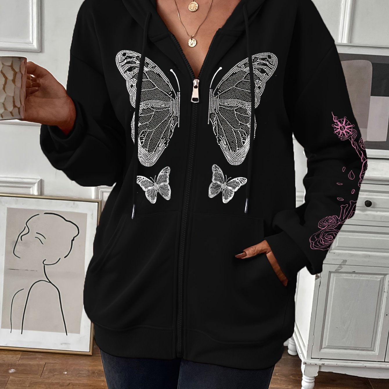 Womens Butterfly Print Zip-up Hoodie Jacket with Drawstring - Stylish Long Sleeve, Slant Pockets for Casual Chic - Adjustable Fit, Perfect for Everyday Wear