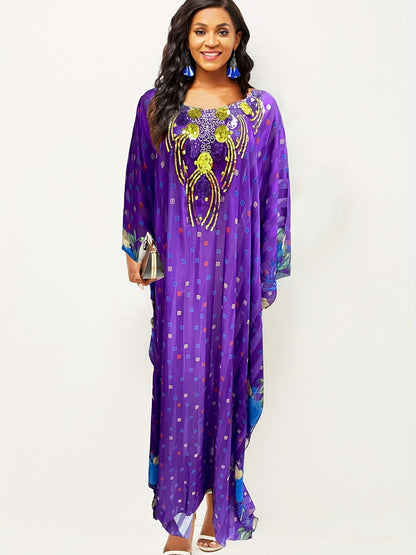 Ramadan Elegant Crew Neck Batwing Sleeve Maxi Kaftan Dress - All Over Print, Semi-Sheer, Polyester, No Elasticity, Hand Wash Only - Perfect for Middle East Style, Womens Clothing