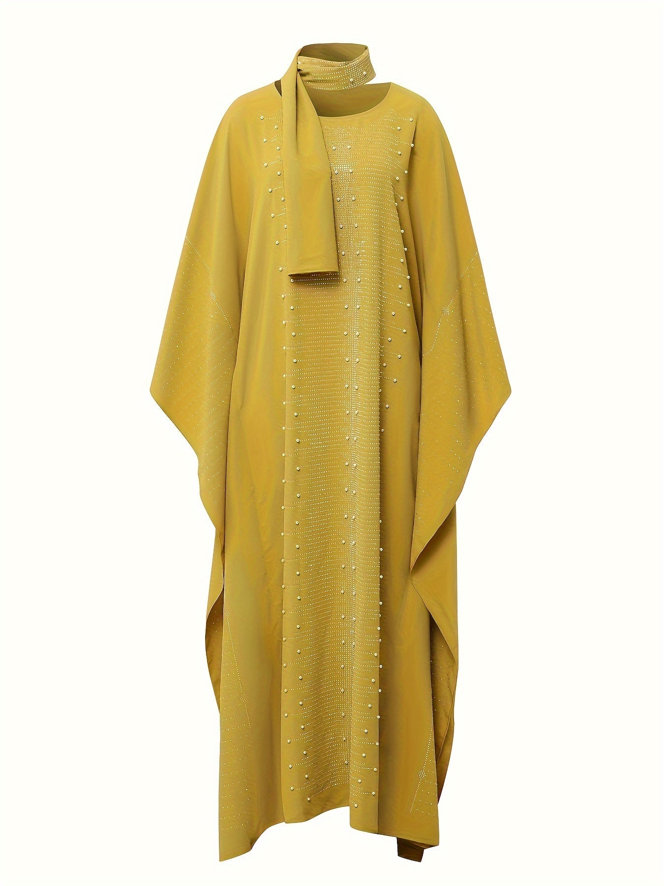 Rhinestoned Crew Neck Modest Maxi Dress - Elegant Batwing Sleeves, Polyester Fabric, Solid Color, No Elasticity, Spring/Summer Casual Wear - Includes Scarf, Womens Loose Fit Clothing