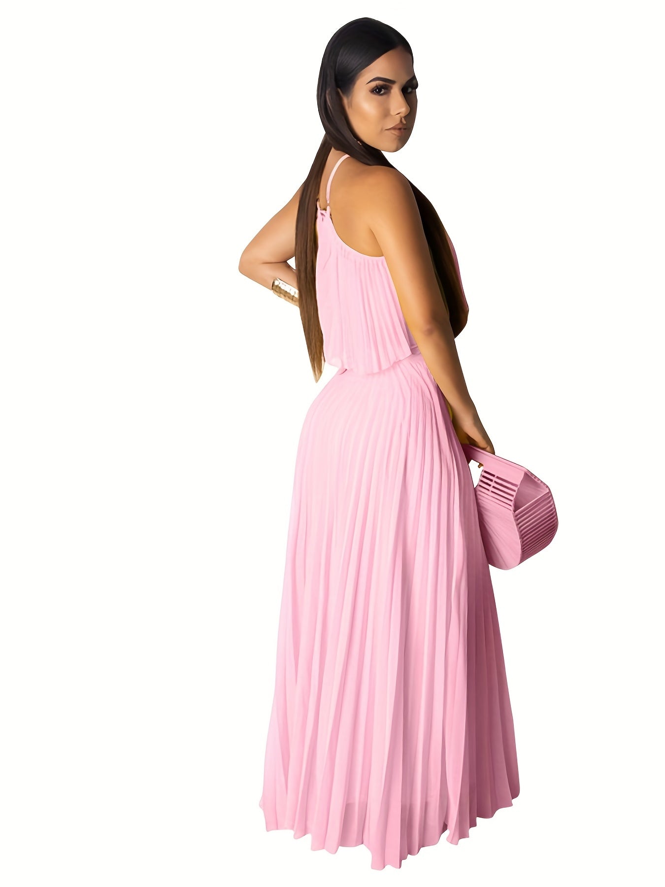 Solid Pleated Two-piece Set, Sleeveless Cropped Cami Top & High Waist Maxi Skirts Outfits, Women's Clothing