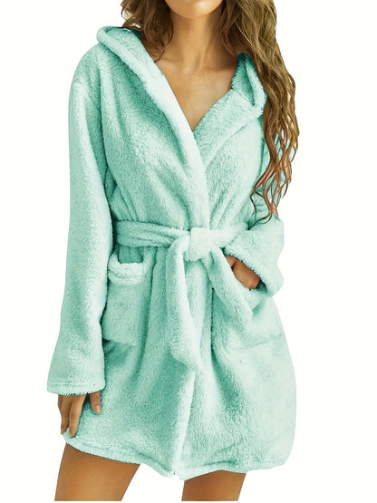 Women's Casual Fleece Thickened Lounge Robe For Fall & Winter, Plus Size Solid Long Sleeve Hooded Pocketed Robe With Belt