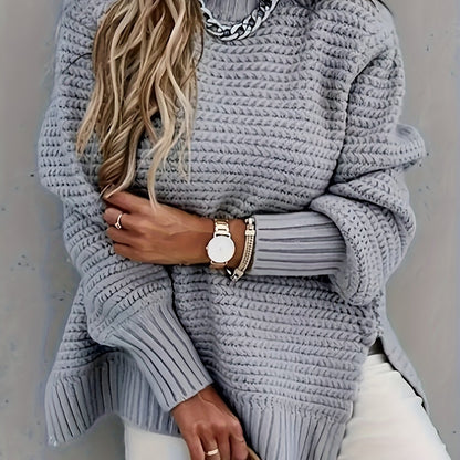 Women's Elegant Long Sleeve High-Low Hem Mock Neck Sweater - Soft, Cozy, and Versatile for Fall & Winter - Perfect for Casual Daily Wear, Outdoor Activities, and Office Work