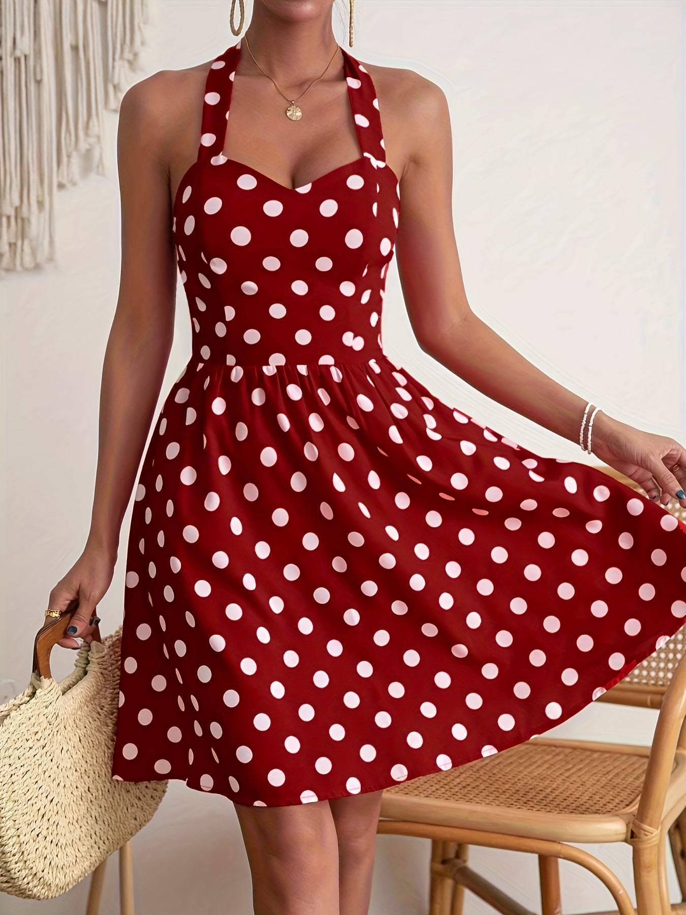 Vibrant Polka Dot Halter Neck A-line Dress - Backless, Elegant, Spring & Summer Essential - Women's Clothing for Chic Ladies