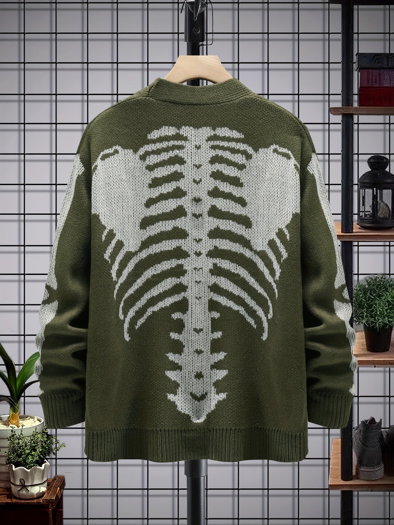 Plus Size Mens Skeleton Print Long Sleeve V Neck Button Down Cardigan Sweater - Soft Medium Stretch Fabric, Regular Fit, Long Length, and Acrylic Lining - Perfect for Fall and Winter Casual Street Wear