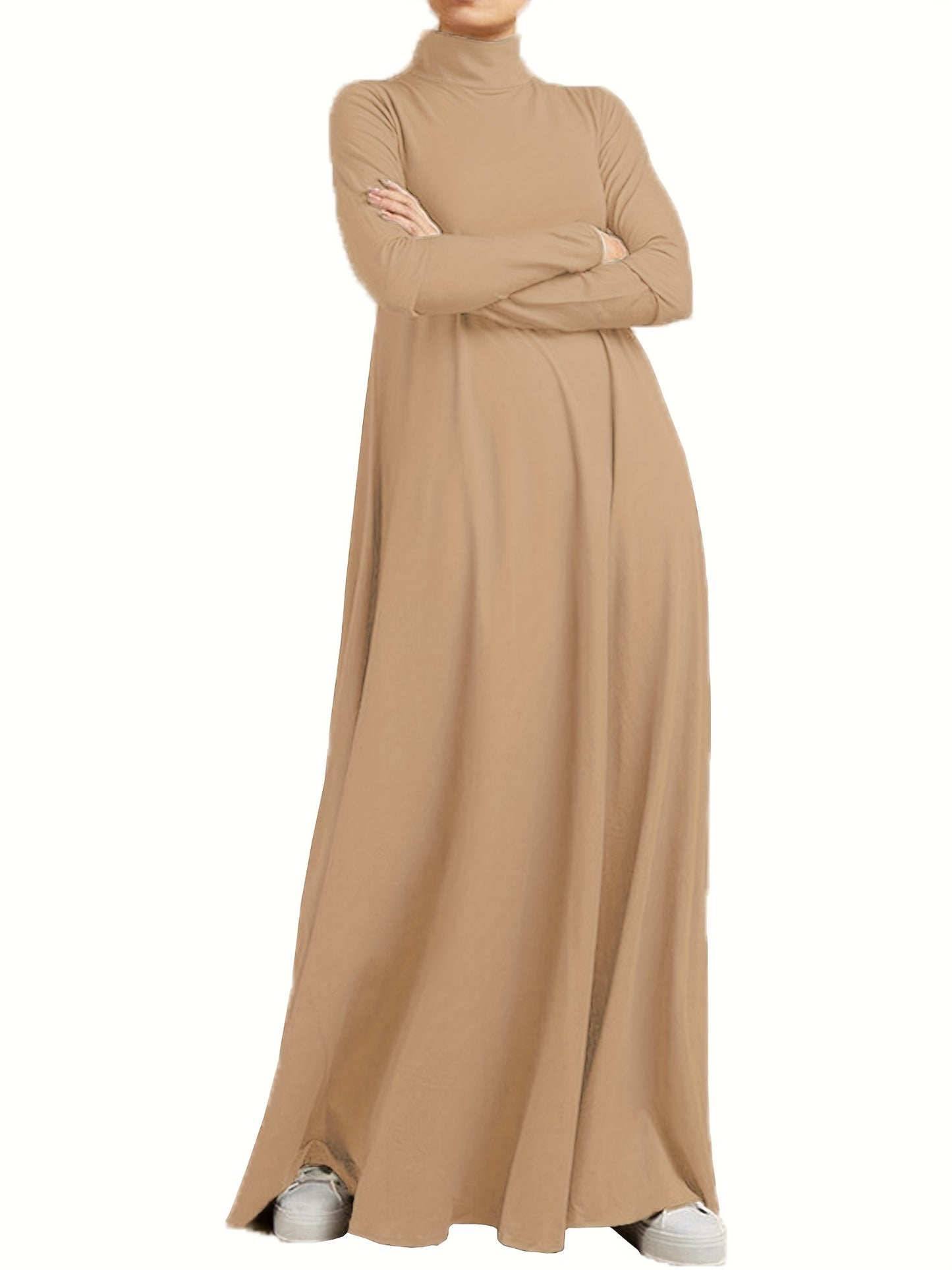 Ramadan Elegant Long Sleeve Solid Color Maxi Kaftan Dress - Comfortable Micro Elastic Polyester Fabric, Casual Turtle Neck Design, Two Pockets, Regular Fit, Middle East Style - Perfect for All Seasons, Womens Clothing