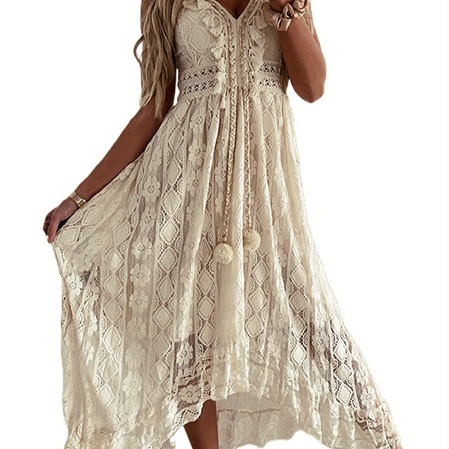 Womens Casual Boho Lace Hem Floral V Neck Long Beach Dress Cocktail Party Maxi Wedding Dress