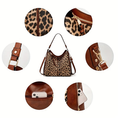 3-Piece Large Capacity Vintage Leopard Tote Bag - Adjustable Shoulder Strap, Zip Closure, Durable PU Leather Material, Lacquered Edges, Portable Handle, Stylish Animal Print Design for Everyday Use and Travel