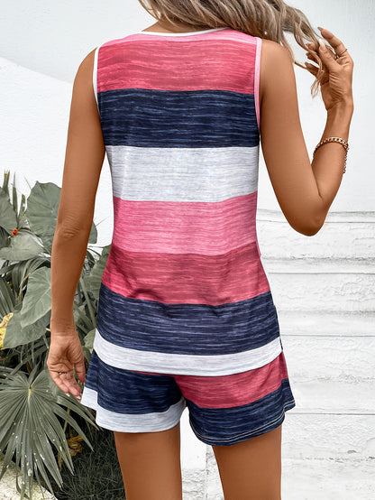 Striped Chic Outfit Set - Crew Neck Sleeveless Tank Top, High Waist Drawstring Pocket Shorts with Relaxed Fit, Breathable Fabric, and Casual Style - Women's Summer Clothing for Vacation, Beach, and Outdoor Activities