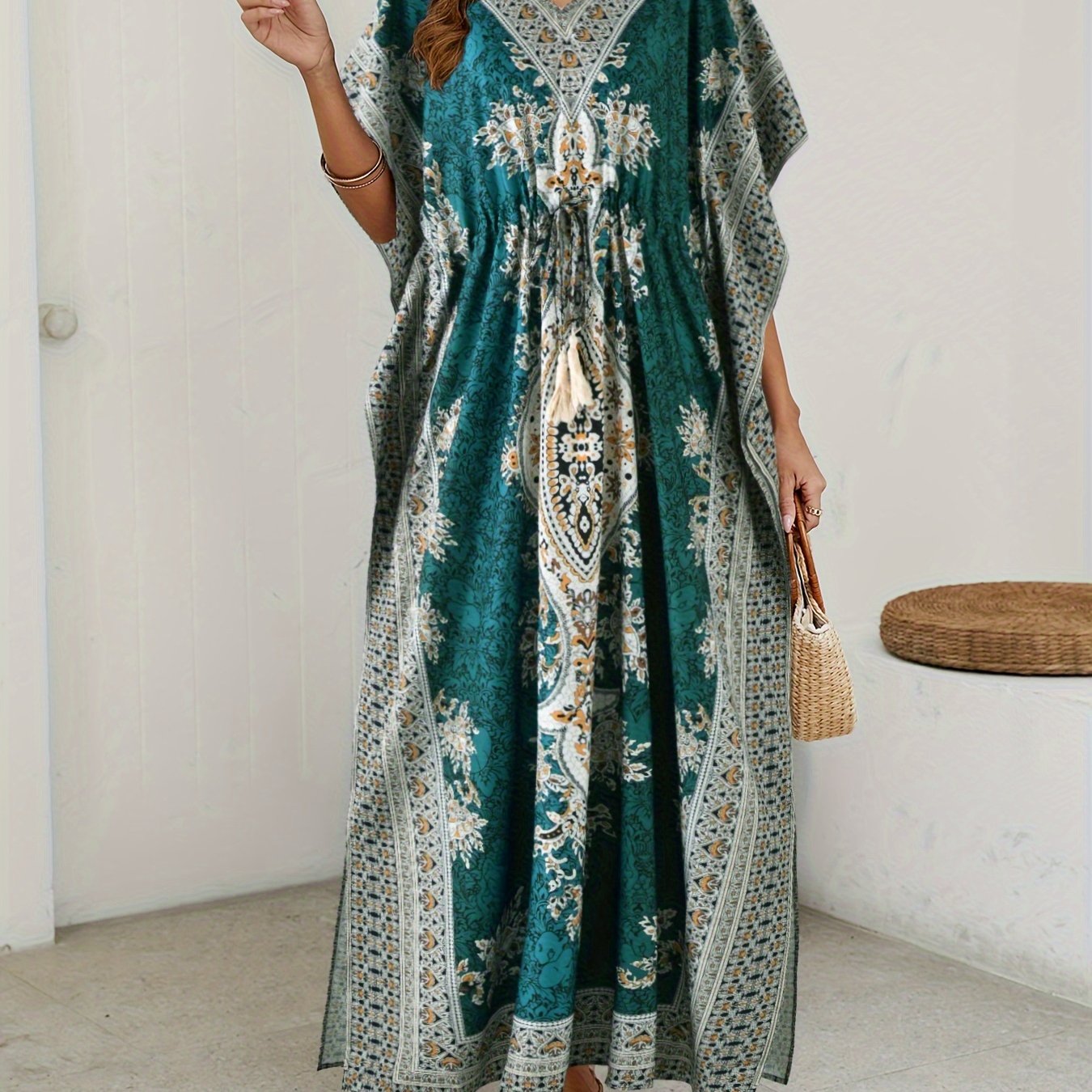 Tribal Chic V-Neck Kaftan Dress with Batwing Sleeves - Machine Washable, Versatile for All Seasons, Drawstring Detail