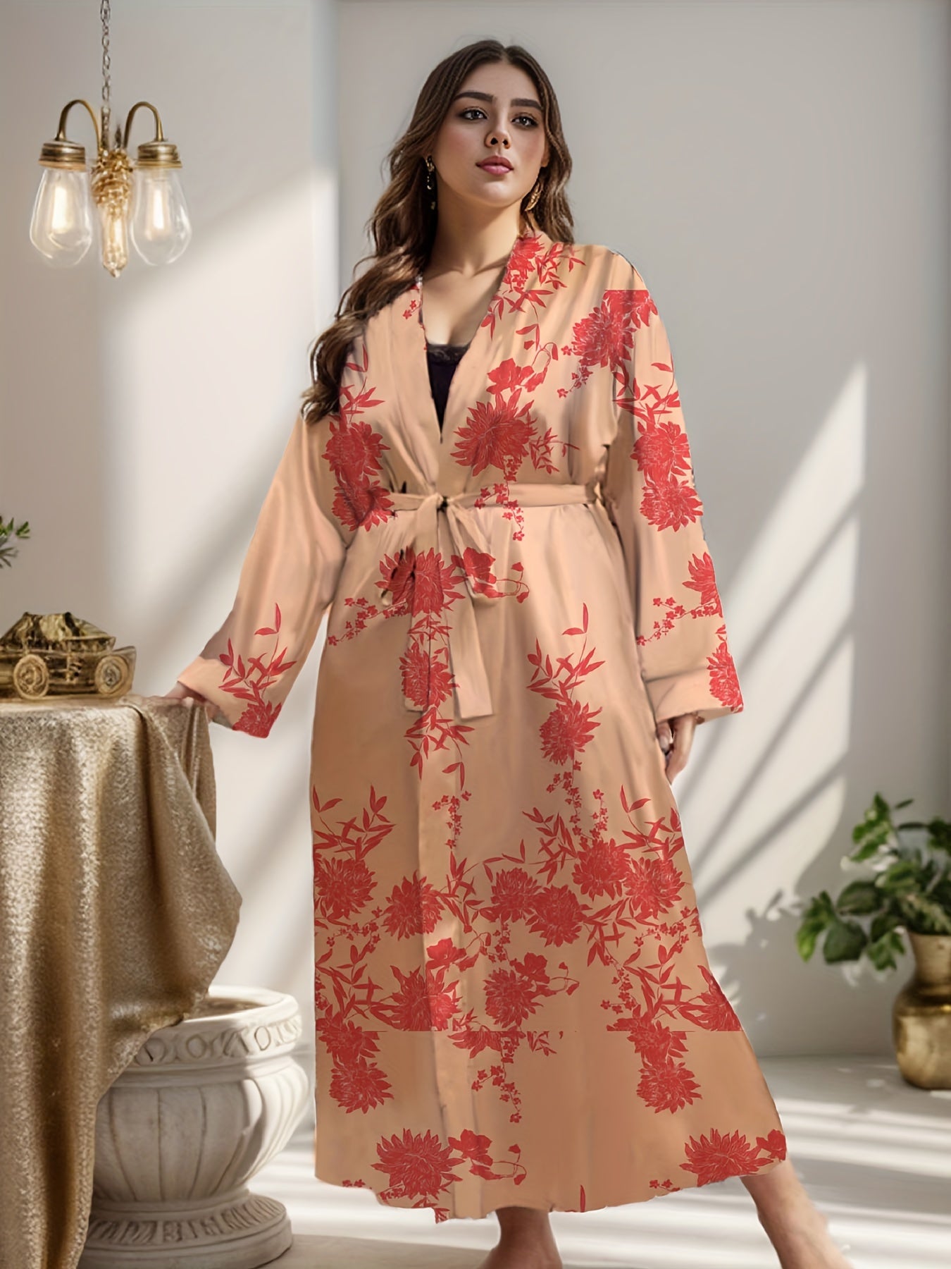 Luxurious Plus Size Satin Floral Print Long Sleeve Open Front Belted Nightgown - Women Plus - Soft, Cozy, and Elegant Lounge Robe for Relaxation - Perfect for Lounging Around the House