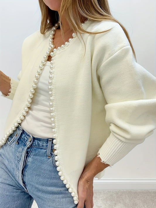 Elegant Rib Knit Beaded Open Front Cardigan - Long Sleeve, Solid Color, Soft, Cozy, and Chic - Perfect for Women's Daily Wear, Dating, and Party Occasions