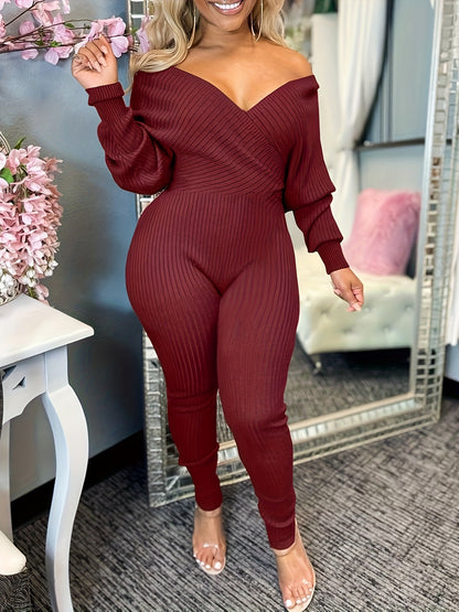 Women's Ribbed Knit Jumpsuit - Sexy Surplice Neck, Long Sleeves, Comfort Fit for Spring/Fall Elegance