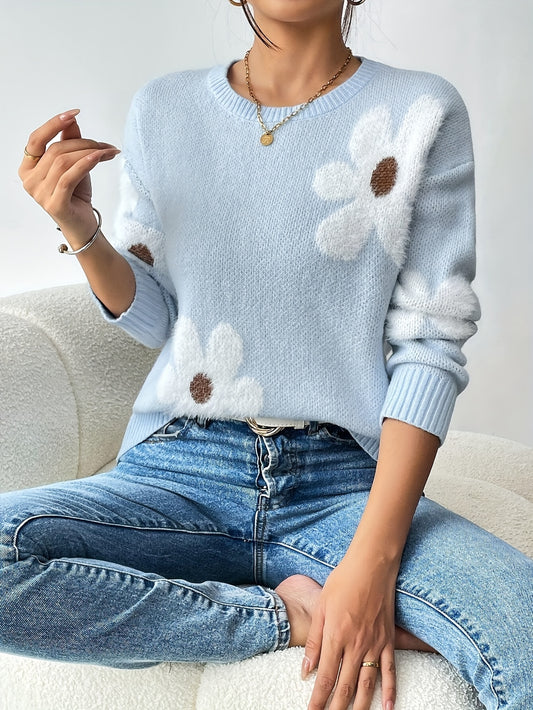 Floral Pattern Sweater - Relaxed Drop Shoulder, Classic Crew Neck, Cozy Long Sleeves, Easy Pullover Style, Fashionably Stylish - Perfect for Chilly Winter Days, Ideal for Crisp Fall Afternoons, Womens Fashion Clothing