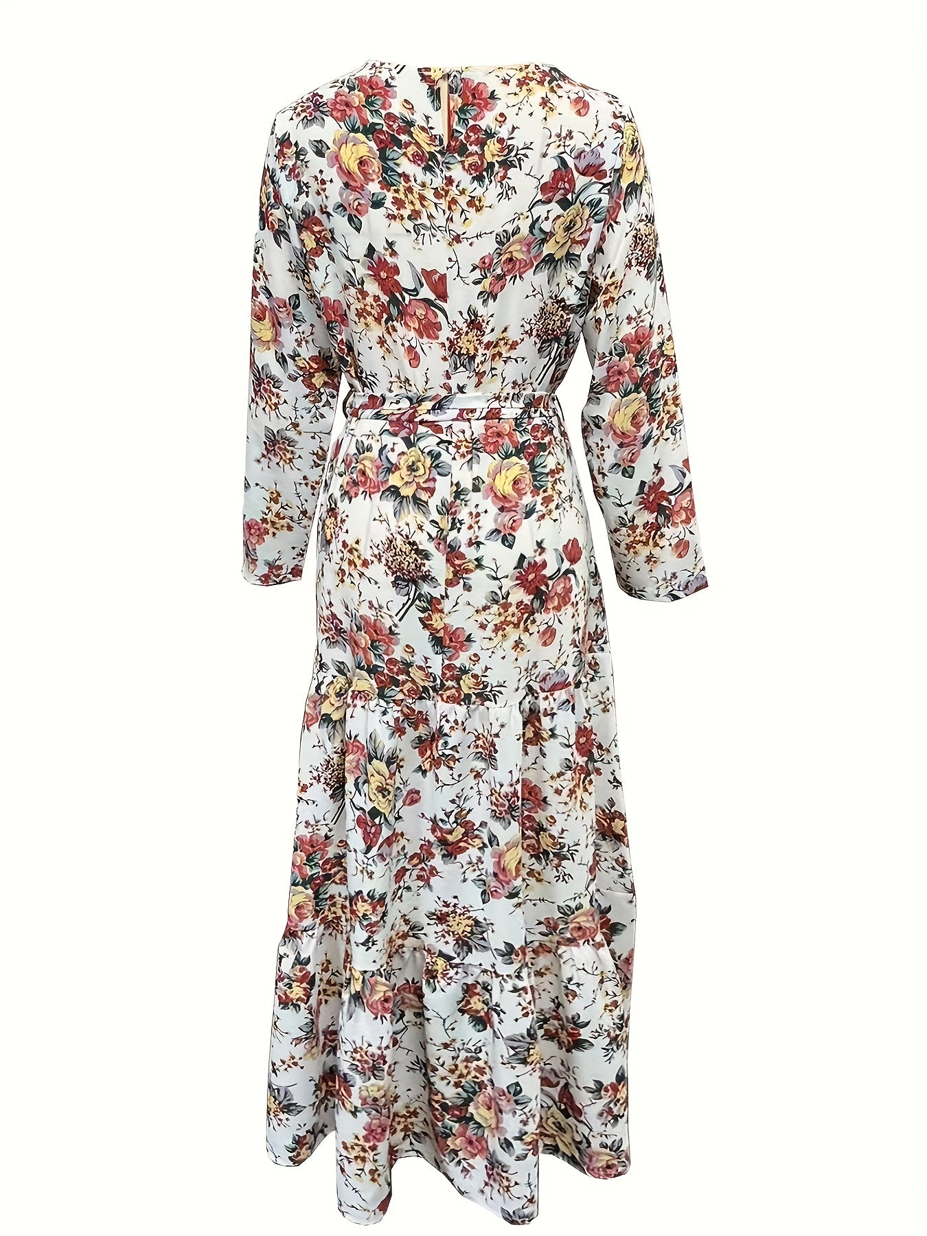 Ramadan Elegant Floral Print Crew Neck Long Sleeve Maxi Abaya - Polyester Woven, Machine Washable, No Sheer, No Elasticity, Random Printing - Perfect for Spring, Summer, and Fall Seasons