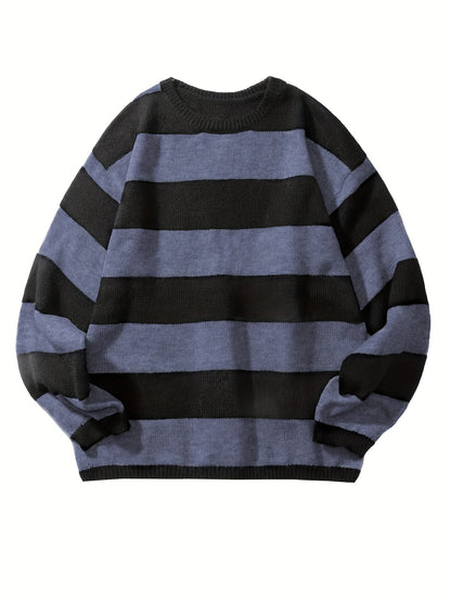 Retro Chic Knitted Sweater for Men - Soft, Warm, Slightly Stretchy Crew Neck Pullover with Preppy Striped Pattern for Fall and Winter - K-Pop Inspired, Casual, Comfortable, and Versatile