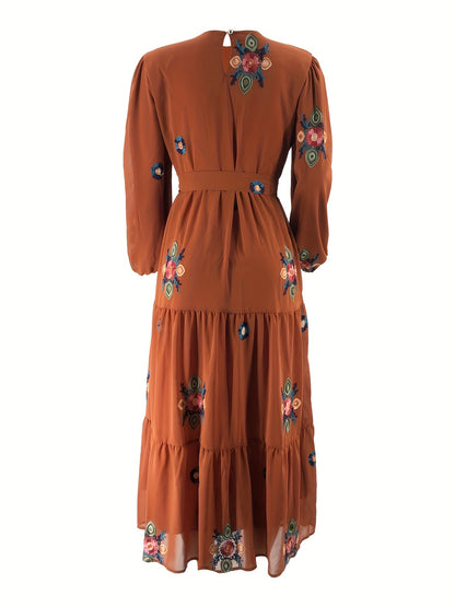 Casual Elegance Year-Round: Maxi Floral Tie-Front Dress with Easy-Care Fabric & Chic Color Block Design