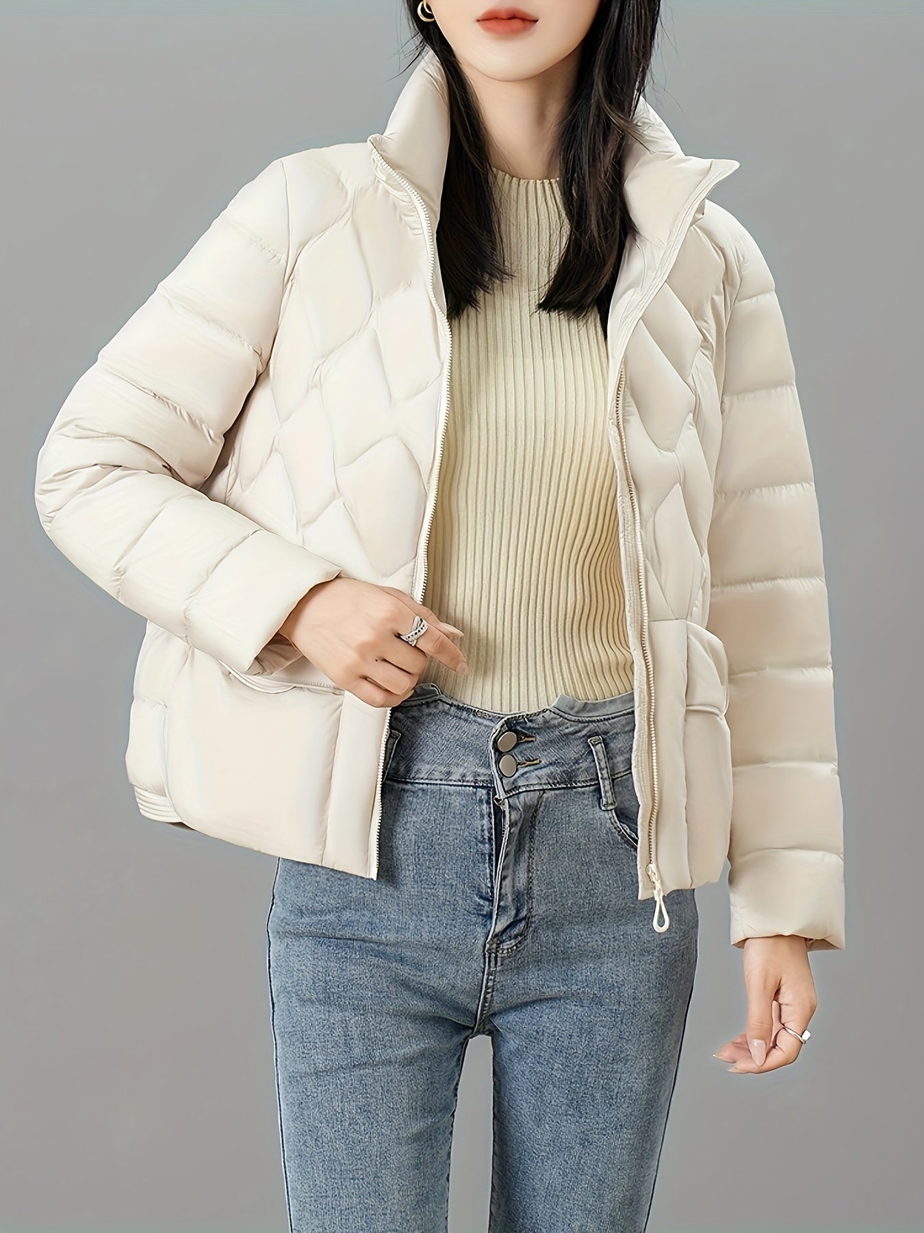 Zipper Stand Collar Flap Pockets Puffer Jacket, Casual Long Sleeve Jacket For Winter, Women's Clothing