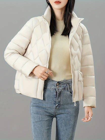 Zipper Stand Collar Flap Pockets Puffer Jacket, Casual Long Sleeve Jacket For Winter, Women's Clothing