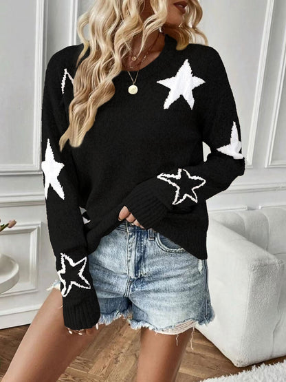 Star Pattern Crew Neck Sweater, Elegant Long Sleeve Sweater For Fall & Winter, Women's Clothing