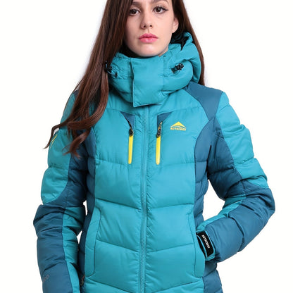 Women's Color Block Winter Thermal Down Jacket, Windproof & Waterproof Liner Comfortable Hooded Jacket