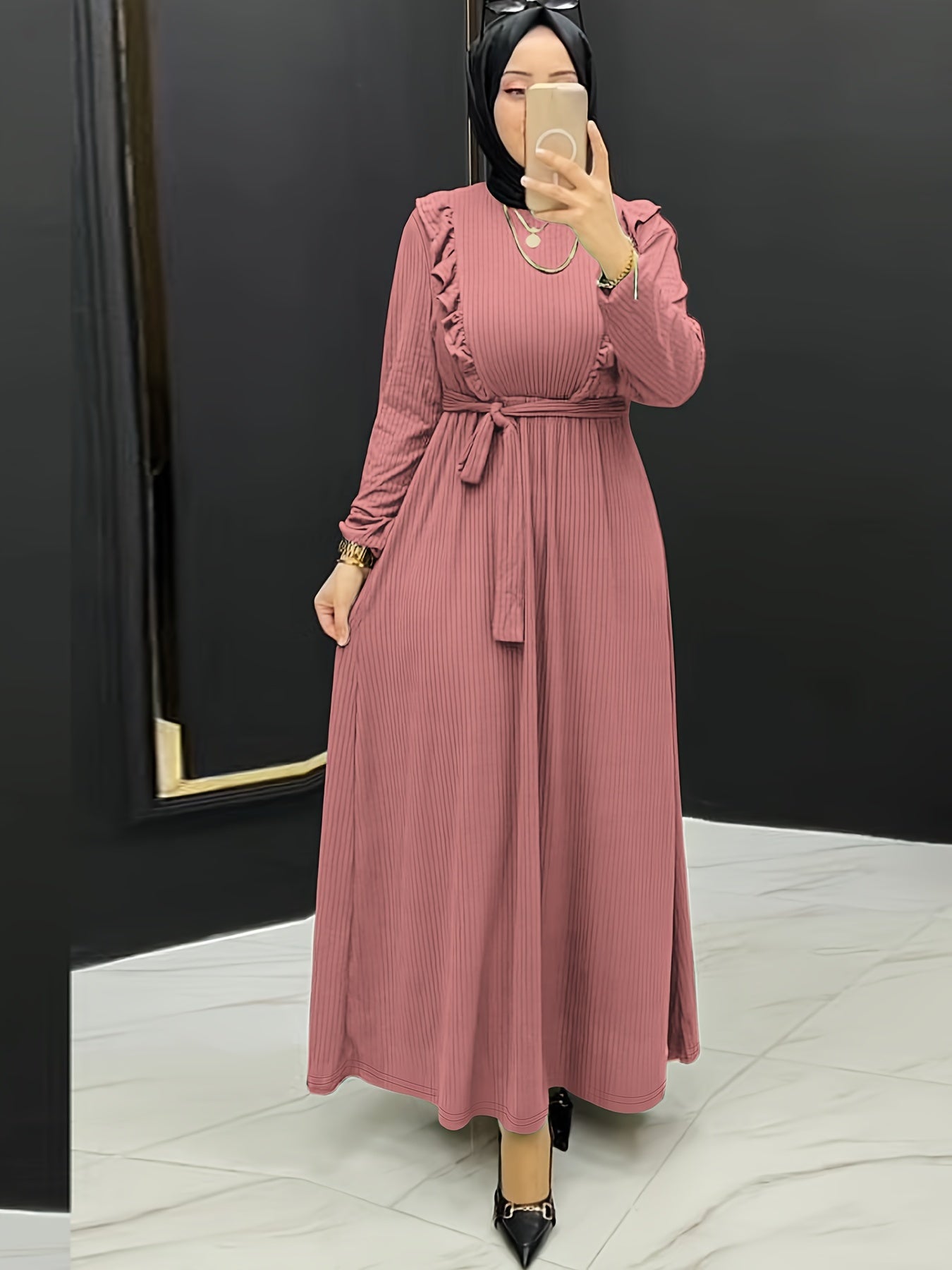 Chic Ruffle Solid Color Abaya Dress - Timeless Crew Neck, Full-Sleeve Maxi Style - Premium Modest Womens Fashion