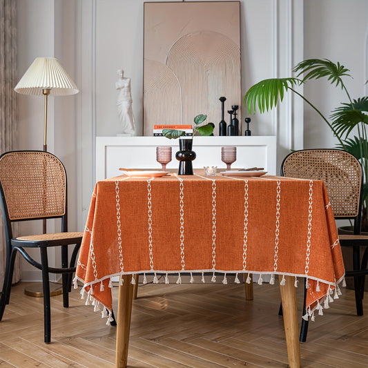 1pc Vibrant Orange Embroidered Stripe Rectangular Tablecloth - Cotton Blend Kitchen & Dining Table Linens with Pastoral Design for Room Decor and Dining Table Decoration