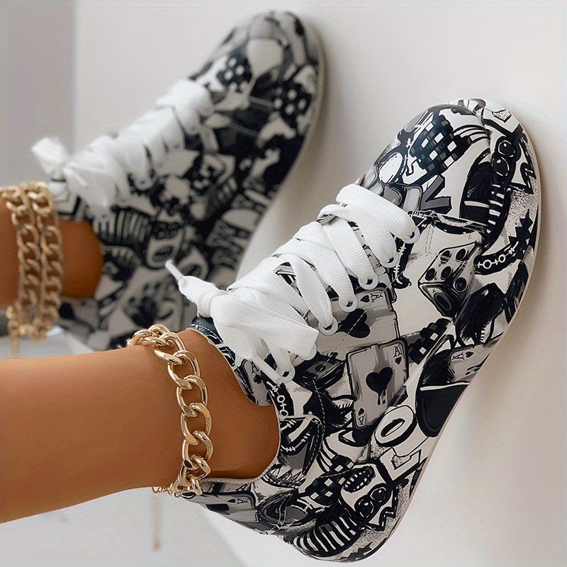 Women's Graffiti Print Sports Shoes, Fashion Lace Up Low Top Platform Sneakers, Casual Skate Shoes