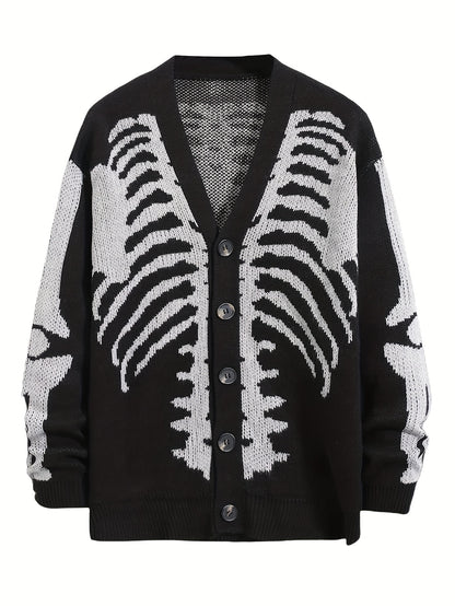 Plus Size Mens Skeleton Print Long Sleeve V Neck Button Down Cardigan Sweater - Soft Medium Stretch Fabric, Regular Fit, Long Length, and Acrylic Lining - Perfect for Fall and Winter Casual Street Wear