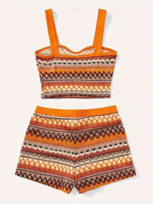 Two-Piece Tribal Print Outfit Set - Vibrant Pattern Crop Top with Adjustable Straps, Comfortable Elastic Waist Shorts - Perfect for Casual Womens Clothing, Daily Wear, Outdoor Activities