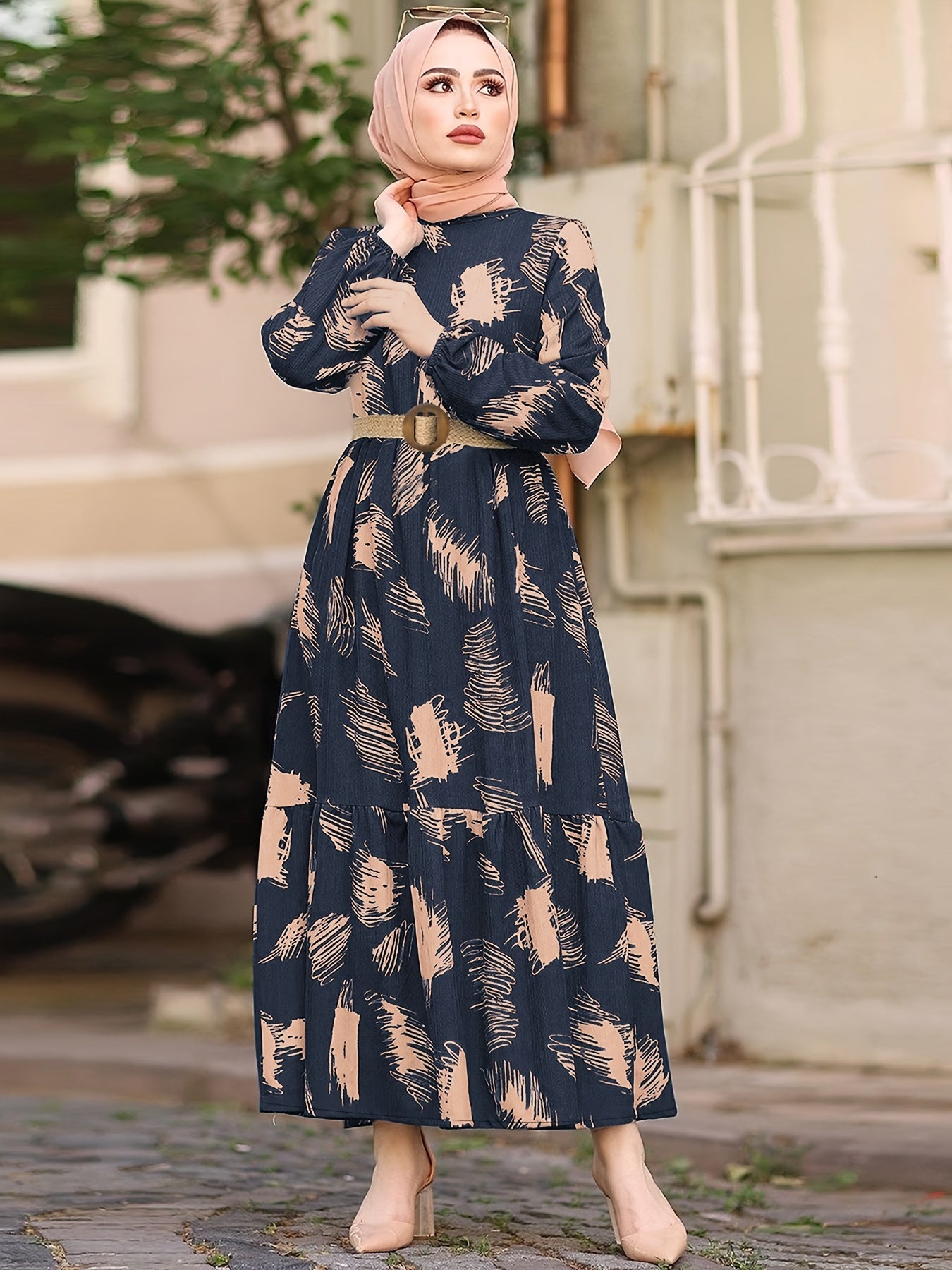 Ramadan All Over Print Crew Neck Kaftan, Casual Long Sleeve Maxi Dress, Women's Clothing