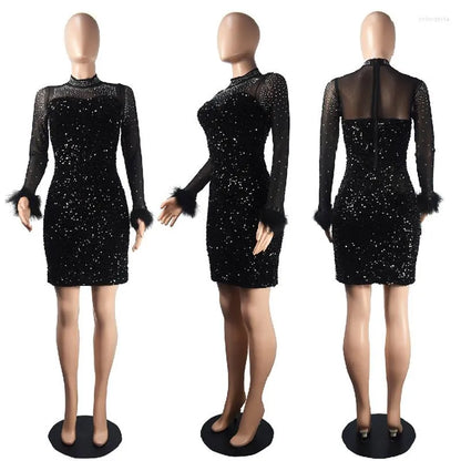 Casual Dresses Znaiml  Elegant Sparkly Sequins Sheer Mesh Patchwork Rhinestones Party For Women Prom Long Sleeve Bodycon Mini Dress