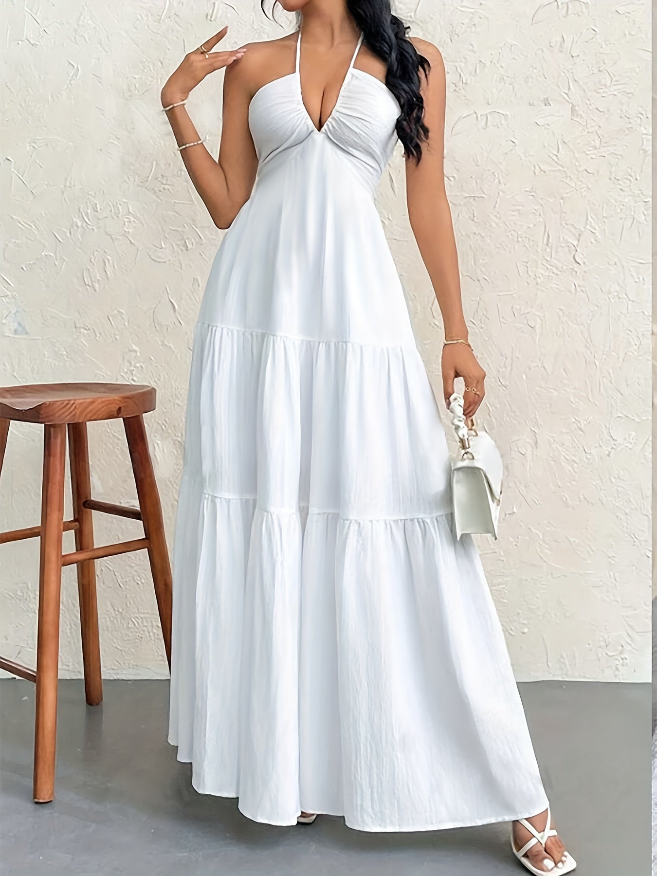 Tiered Layer Deep V Neck Halter Maxi Dress - Flowy, Backless, and Comfortable for Vacation and Spring & Summer - Machine Washable, Customized, and All-Season Wear