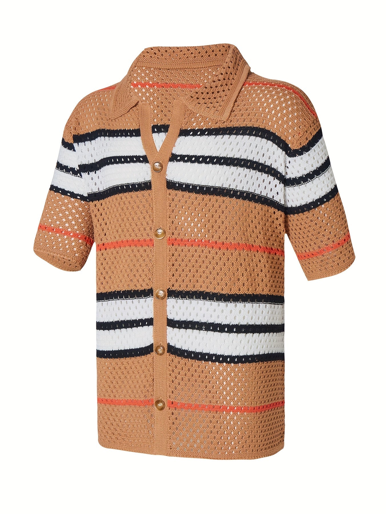 Men's Stylish Retro Striped Knit Cardigan Sweater - Soft, High Stretch, Open Front, Eyelet Details, Casual Daily Wear for Spring and Summer Season, Ideal for Outdoor Activities