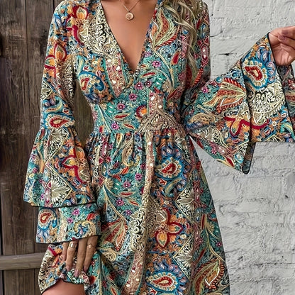 Stunning Paisley Print V-Neck A-Line Dress - Elegant Layered Sleeve, Flowy, Comfortable, Vacation-Ready - Women's Clothing for Elegant Occasions