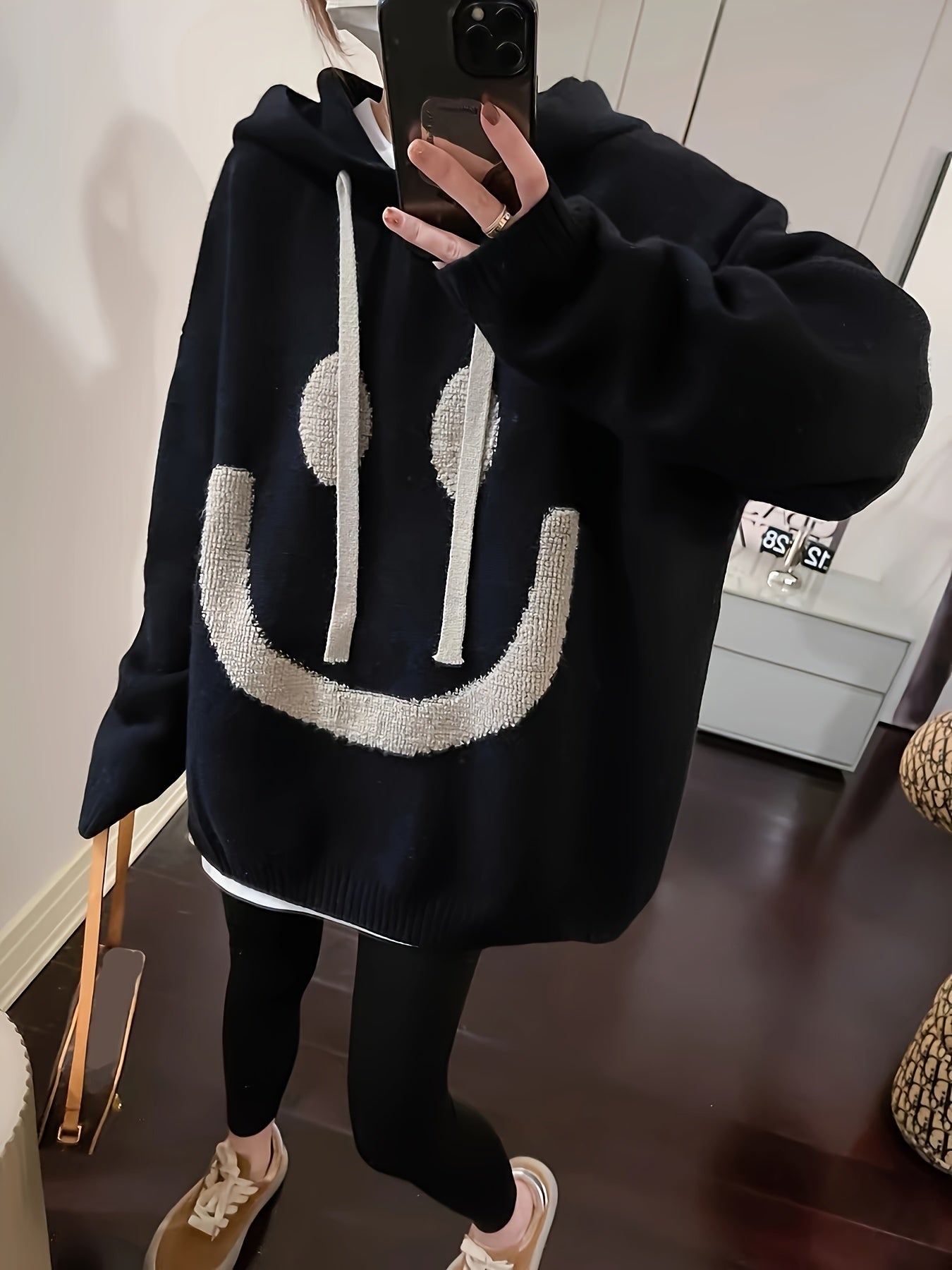 Smile Face Oversized Hoodie - Casual Long Sleeve Drawstring Sweater with Relaxed Fit, Soft Fabric, and Cozy Design for Women's Everyday Wear