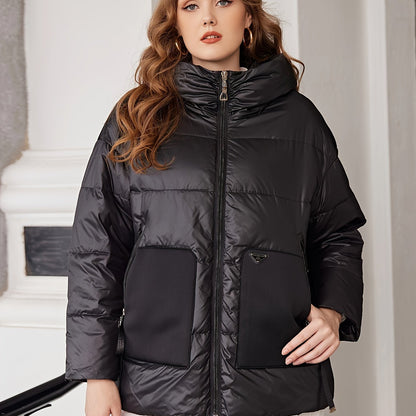 Plus Size Casual Coat, Women's Plus Solid Stitching Quilted Long Sleeve Zip Up Hooded Puffer Coat With Pockets