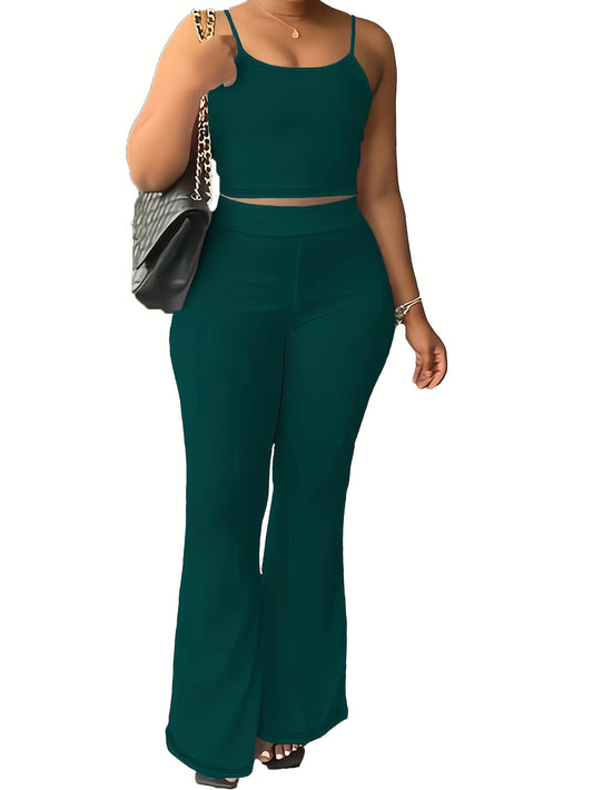 Solid Casual Two-piece Set, Cami Top & Flare Leg Pants Outfits, Women's Clothing