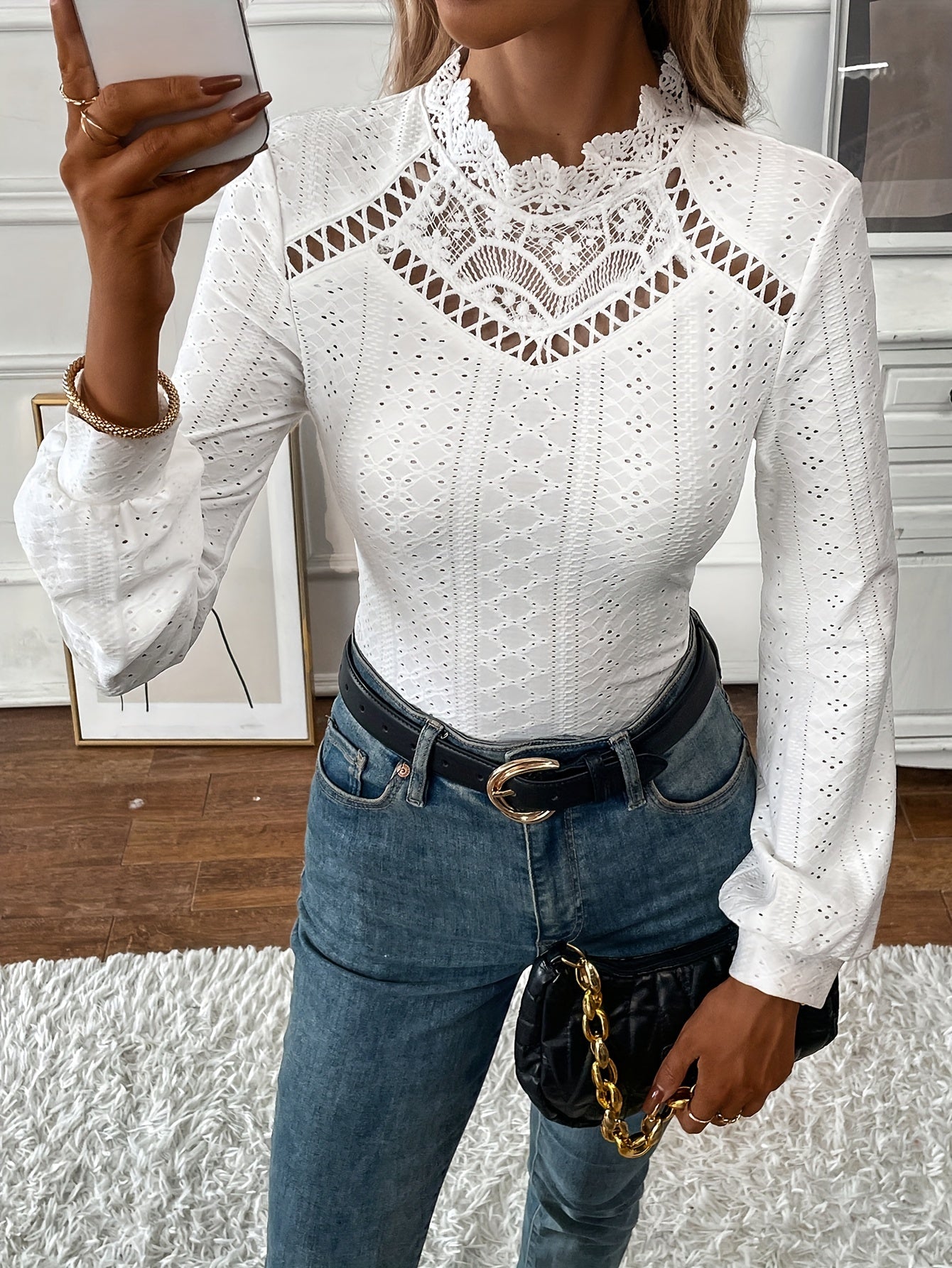 Stunning Eyelet Lace T-Shirt for Women - Elegant Long Sleeve Solid Design, Keyhole Detail, Contrast Lace Trim, Breathable Fabric, Comfortable Fit - Perfect for Casual Daily Wear or Work