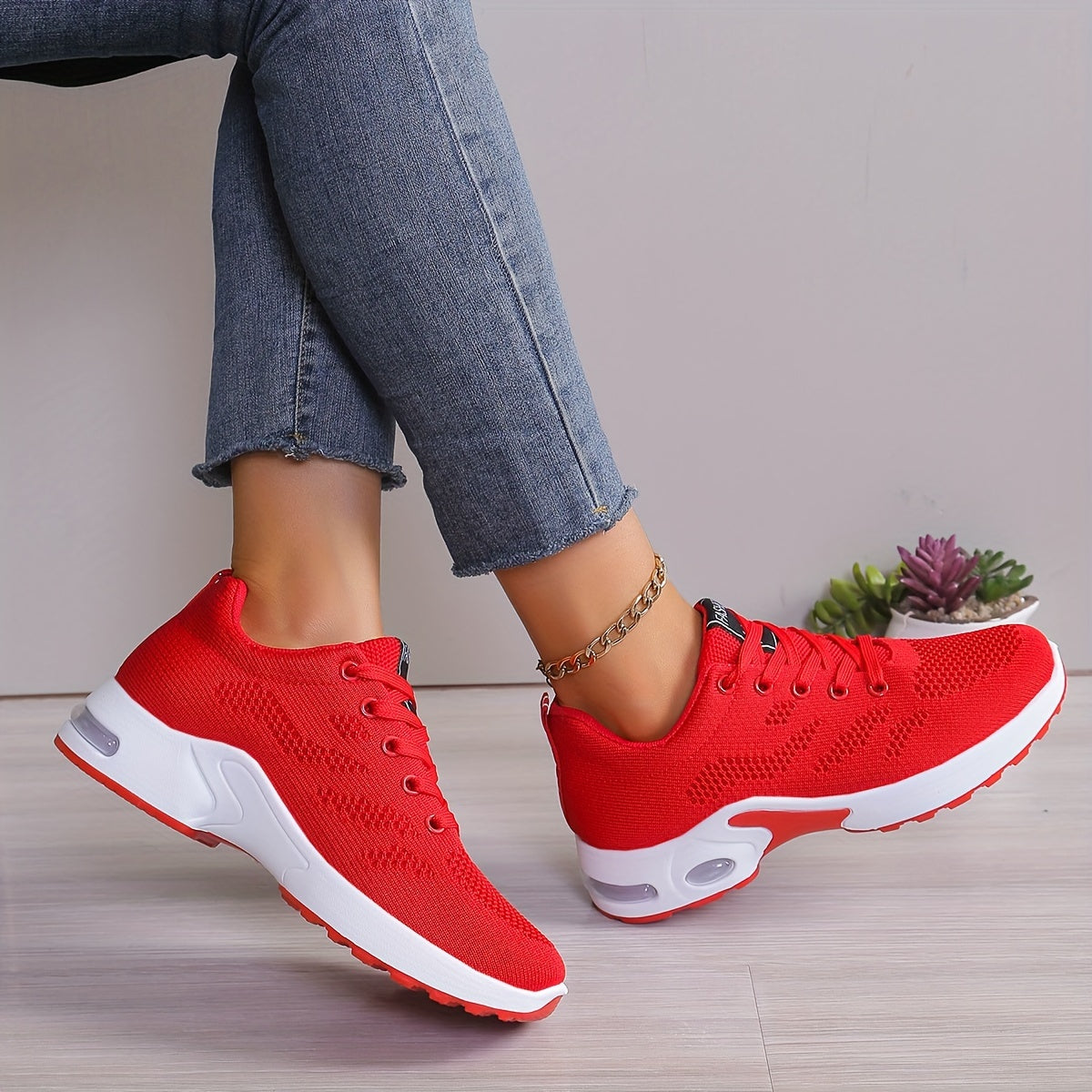 Ultra-Comfortable Women's Knitted Air Cushion Low Top Running Shoes - Breathable, Lightweight, Shock-Absorbing, Slip-Resistant, Lace-Up Design for Outdoor Athletic Activities - Perfect for Fitness, Jogging, Hiking, and Casual Wear