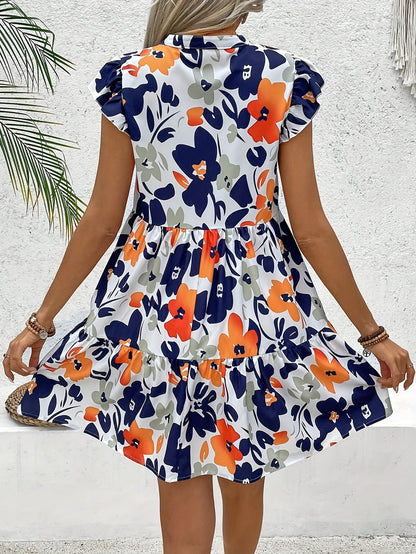 Vibrant Floral Print A-Line Dress - Notch Neck, Flutter Sleeve, Casual Chic, Spring & Summer Essential, Women's Clothing for Everyday Wear