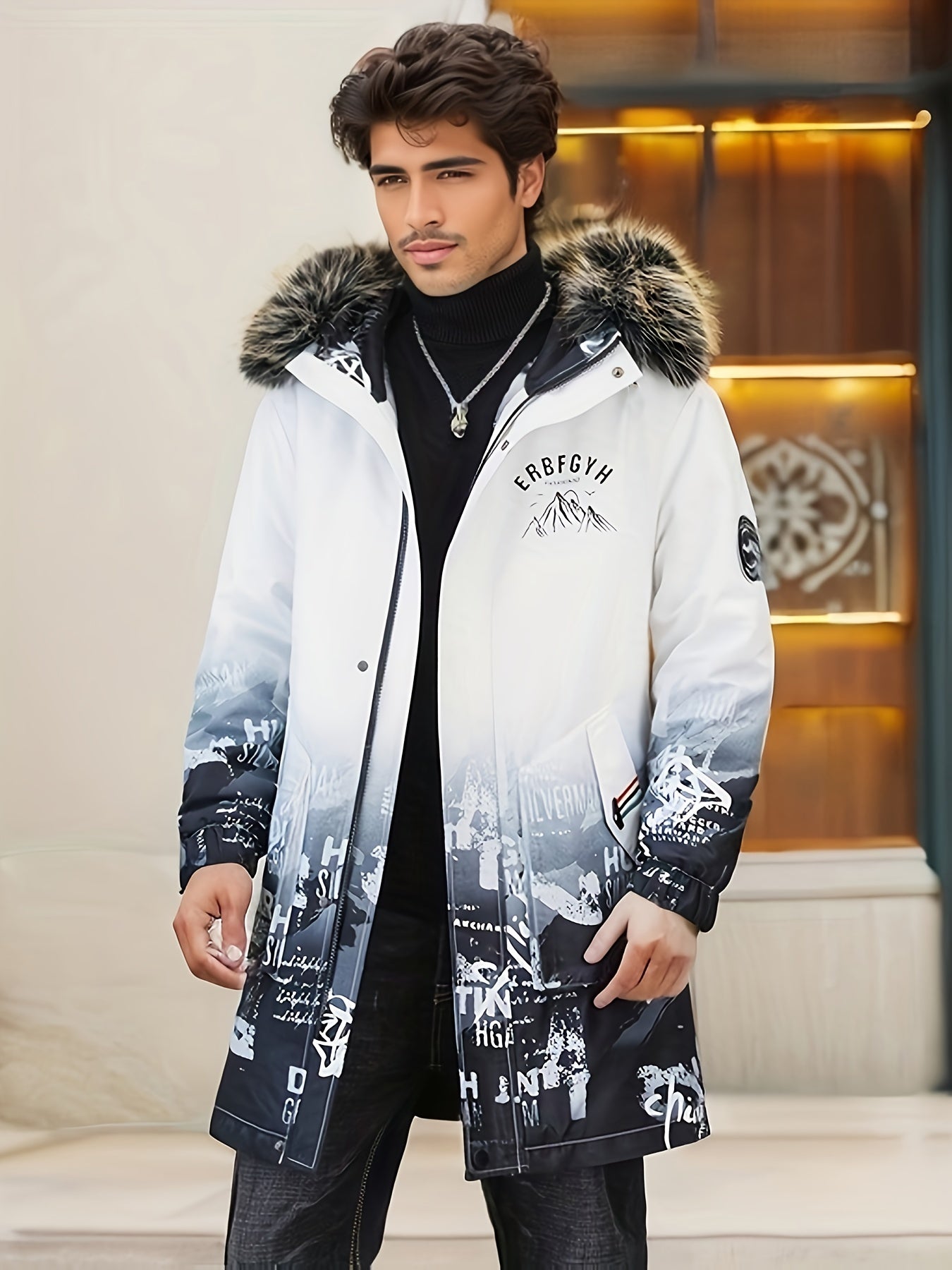 Mens Fashionable Mountain Print Hooded Jacket - Cozy, Insulated & Thick - Premium Fleece Lined for Chic Fall Winter Style - All-Season Warmth