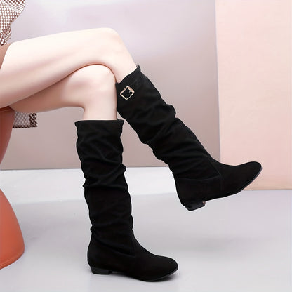 Chic Womens Slouch Knee High Boots with Buckle Accent - Height Enhancing, Versatile for Riding & Style - Timeless Long Boots