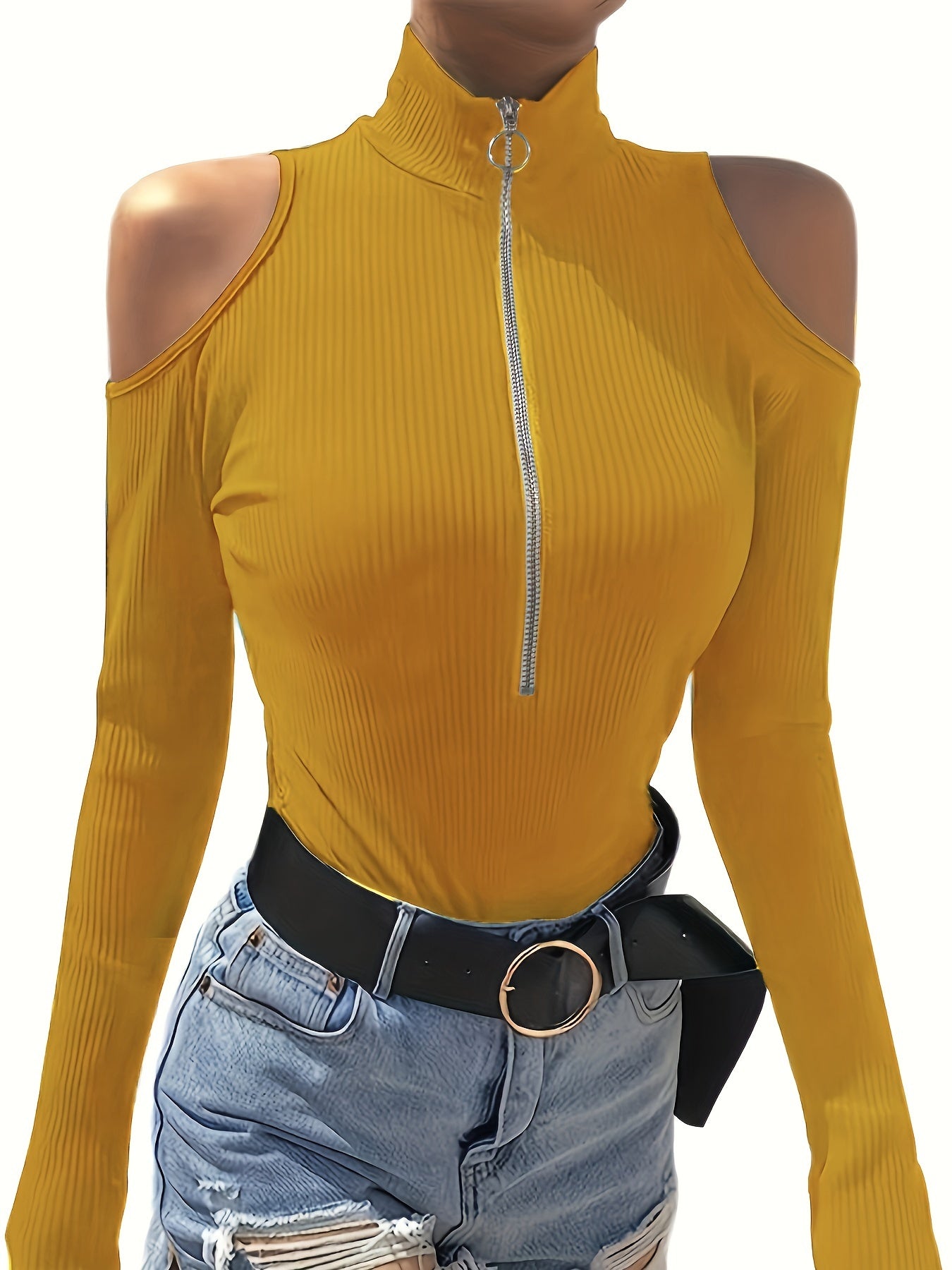 Vibrant Ribbed T-Shirt - Soft Mock Neck, Cold Shoulder, Long Sleeve, Zip Front, Casual Chic Style - Perfect for Spring and Fall, Women's Clothing, Versatile Wardrobe Essential