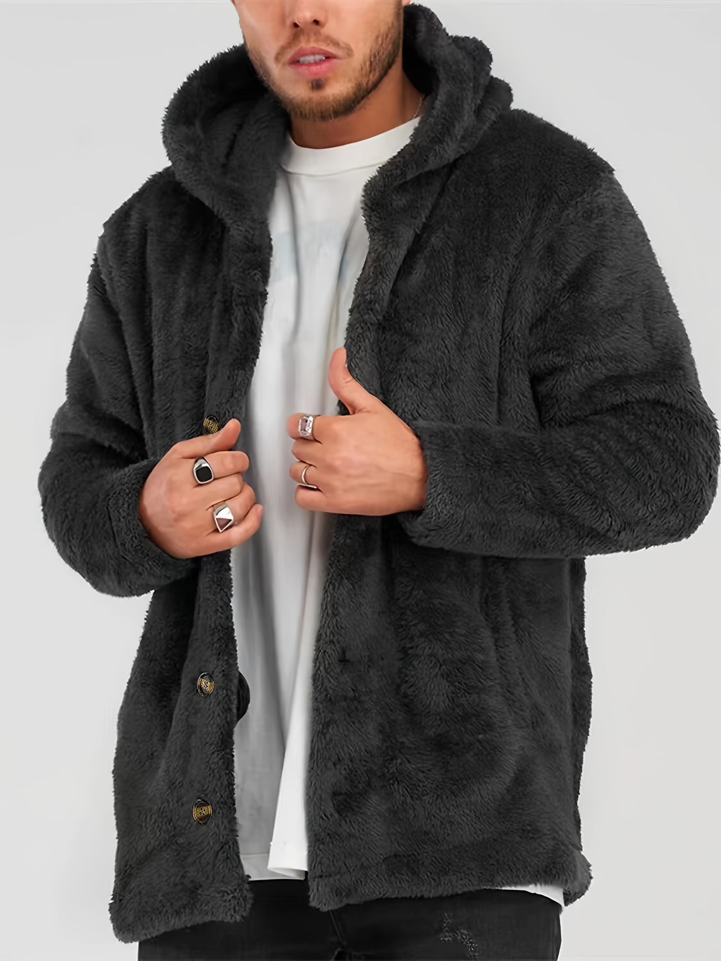 Men's Winter And Fall Hooded Flannel Jacket, Loose Fit Long Sleeve Button Up Hoodie Coat For Daily Outerwear